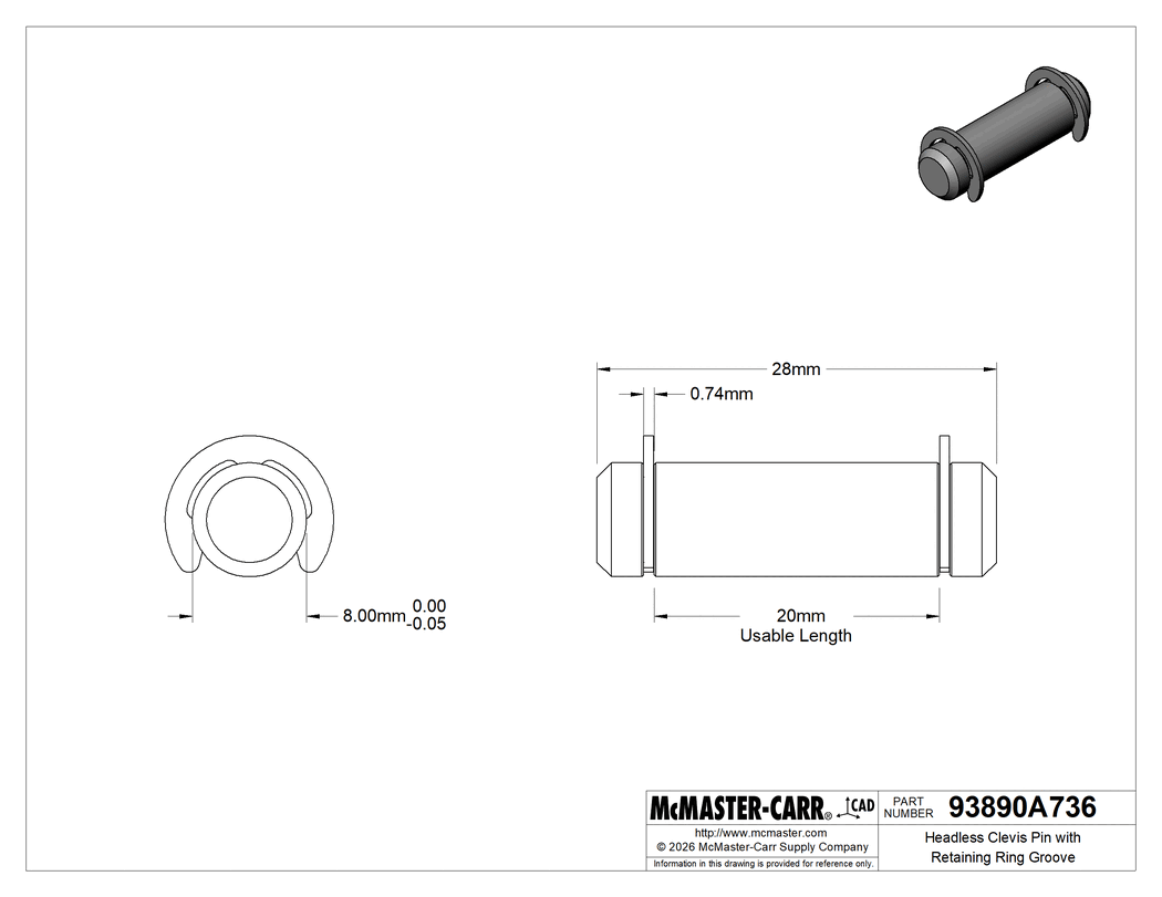 Technical Drawing of Headless Clevis Pin with Retaining Ring Groove, 18-8 Stainless Steel, 8 mm Diameter, 20 mm Usable Length.